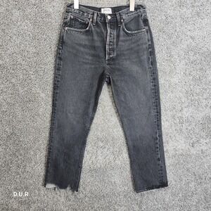 AGOLDE Riley Jeans 27X26 Black Denim Cropped High Rise Button Fly Distressed